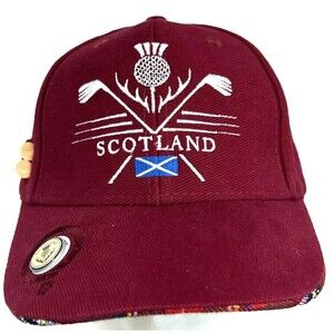 Heritage Scotland Golf Hat  One Size Burgandy Tartan Trim Mag Marker Tees New
